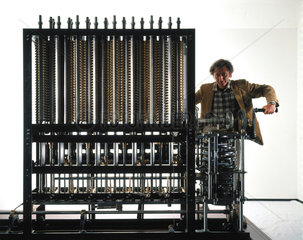 Doron Swade operating Babbage's Difference Engine No 2.