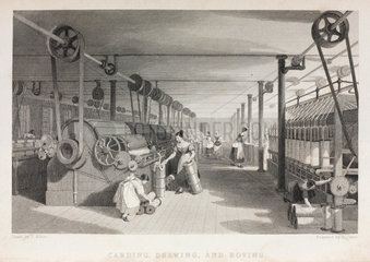 Carding  drawing  and roving in a cotton mill  1835.