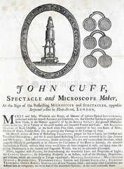 Advertisement for John Cuff  spectacle and microscope maker  1743.