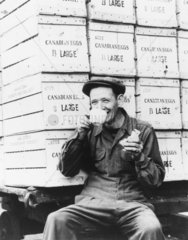 Worker drinking tea  London  World War Two  27 September 1946.