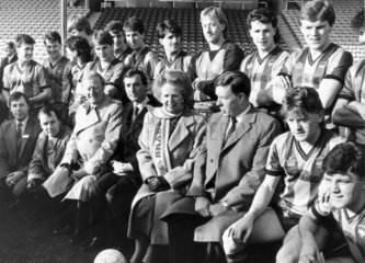 Margaret Thatcher with the Bradford football team  February 1987.