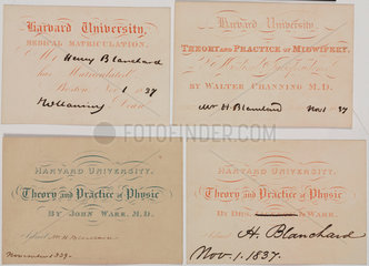 Lecture tickets and matriculation certificate  Harvard  USA  1837-1839.