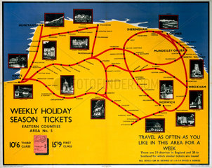 'Weekly Holiday Season Tickets- Eastern Counties'  LNER poster  1923-1947.