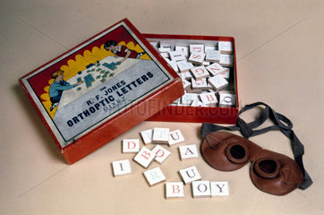 Orthoptic letters and goggles  c 1945-1965.