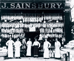 Staff in front of one of J Sainsbury's first grocery shops  c 1900.