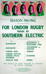 ‘For London Rugby - Travel by Southern Electric'  BR(SR) poster  1961-1962.