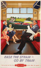 'Ease the strain - go by train'  BR poster  c 1950s.