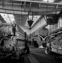 Interior of works with diesel locos for export under construction  1959.