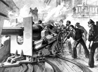 Testing a 6-inch gun aboard ship  1889.