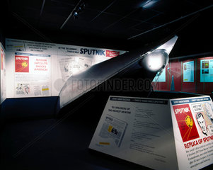 A replica Sputnik 1 satellite (1957)  Science Museum exhibition  1987.
