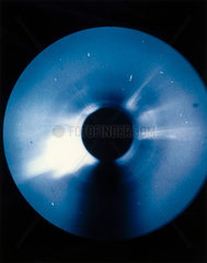 Solar coronal transient in helium 3 light  photographed by Skylab  1973.
