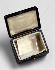Sample of Iceland spar stored in a leather case  early 19th century.