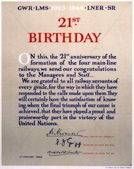 '21st Birthday - 1923-1944'  GWR/LMS/LNER/SR poster  1944.
