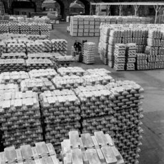 Storeman with large stock of finished aluminium ingots  Handsworth  1961.