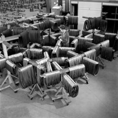 Rows of fan belts on Ferodo factory floor  Chapel-en-le-Frith  1957.