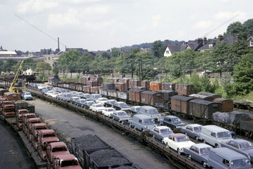 'Carflat and Carbody trains in yard'  Crescent Wharf  Luton  1965.
