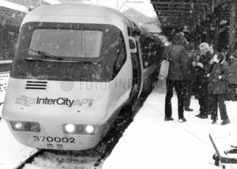 InterCity APT broken down in a blizzard  Crewe  December 1981.