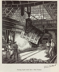 ‘Pouring liquid metal into a Steel Furnace ‘  20th century.