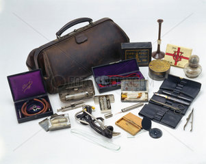 Leather doctor's bag with contents  English  1890-1930.