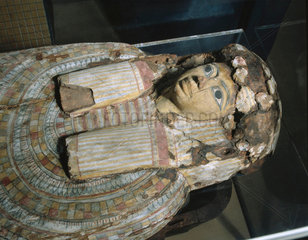 Sarcophagus containing adult human mummy  Fayyum  Egypt  323BC-31AD.