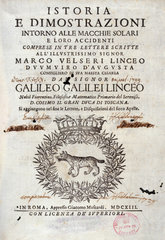 Title page of 'History and Demonstrations...' by Galileo  1613.