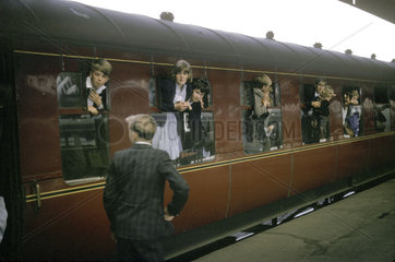 Special excursion train with children at windows  1964-1965.