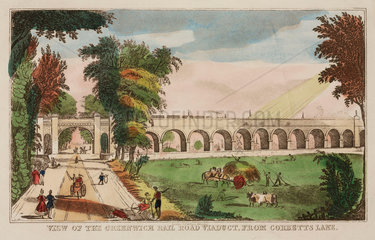 'View of the Greenwich Rail Road Viaduct from Corbett's Lane'  c 1840.