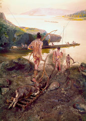 Group of Neolithic men hunting with bows and arrows.