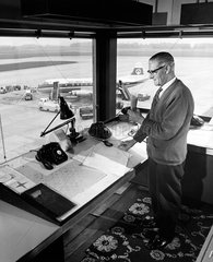 Apron control at Manchester Airport  controller with microphone  1965.