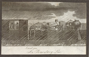 Passengers in an open-top train during a thunder storm  c 1835.