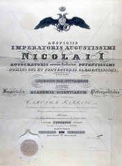 Diploma from Imperialis Academia Scientiarium Petropolitana  19th century.