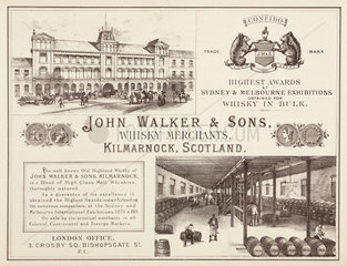 Trade advertisement for John Walker & Sons  whisky merchants  c 1887.