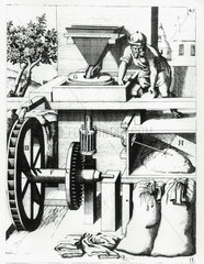 Corn mill driven by overshot water wheel  c 1662.