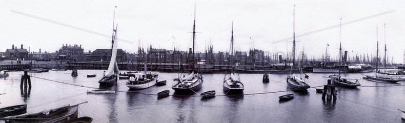 Panoramic view of a dock  c 1880. Silver ge