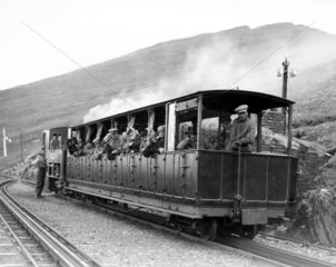 Railway train halfway up Mount Snowdon  Wal
