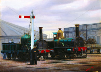 Two steam locomotives outside Stratford station  Greater London  c 1900.