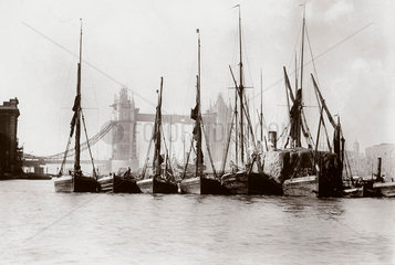 Boats on the Thames at Tower Bridge  London  c 1890s.