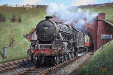 ‘Black Five’ leaving Saxelby Tunnel with an express for Nottingham  c 1950.