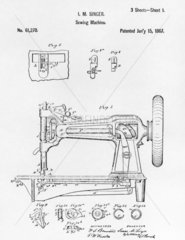 Patent drawing of an early Singer round bobbin sewing machine  1867.