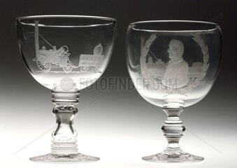Pair of glass goblets  George Stephenson and ‘Rocket’  c 1830.