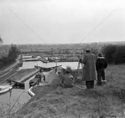 BTF production crew filming a narrow boat at Knowle lock  1950.