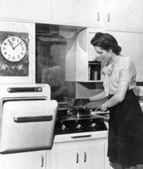 Woman demonstrating an electric cooker and