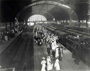Crowds at Paddington Station  London  2 July 1908.