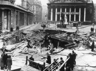 Bomb damage outside the Bank of England  London  7 January 1942.