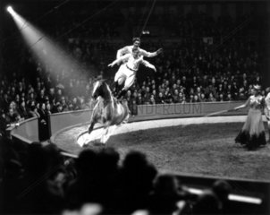 Two circus performers standing on a horse's