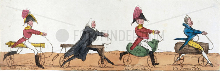Professional men riding hobby horses  c 1820.