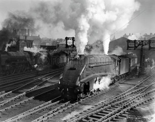 'Miles Beevor' steam locomotive leaving Leeds Central Station  c 1953.