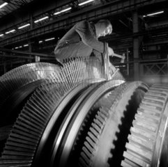 A fitter works on the blading of pressure unit in the steam turbine shop  1963.