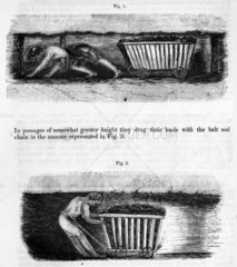 Hurriers drawing loaded corves in a mine  1842.