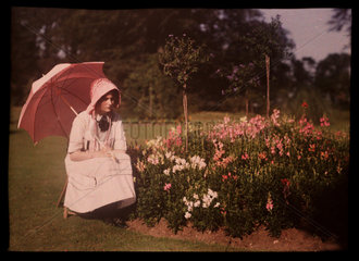 Girl with a parasol sitting by a flower bed  1908.